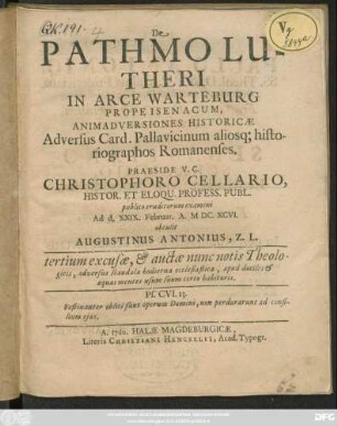 De Pathmo Lutheri In Arce Warteburg Prope Isenacum, Animadversiones Historicae Adversus Card. Pallavicinum aliosq[ue] historiographos Romanenses
