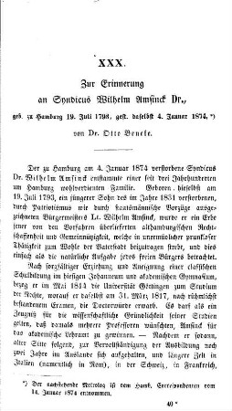 Zur Erinnerung an Syndicus Wilhelm Amsinck Dr., geb. zu Hamburg 19. Juli 1793, gest. daselbst 4. Januar 1874.