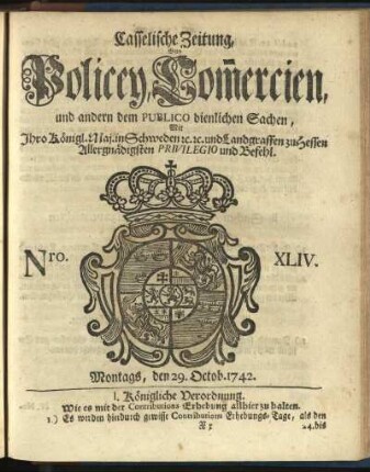 Nro. XLIV, Montags, den 29. Octob. 1742