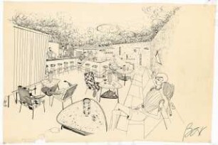 Tennishalle mit Klubräumen, Argentinische Allee, Berlin-Zehlendorf: Innenraum der Bar, Perspektivische Ansicht