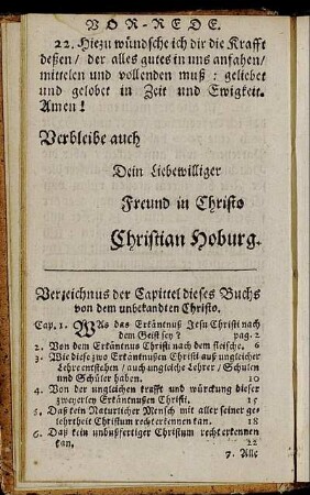 Verzeichnus der Capittel dieses Buchs von dem unbekandten Christo.