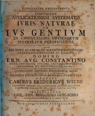 Diss. philos. continens applicationem systematis iuris naturae ad ius gentium in connexione officiorum specialium perspicienda