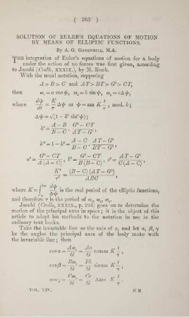 Solution of Euler's equations of motion by means of elliptic functions.