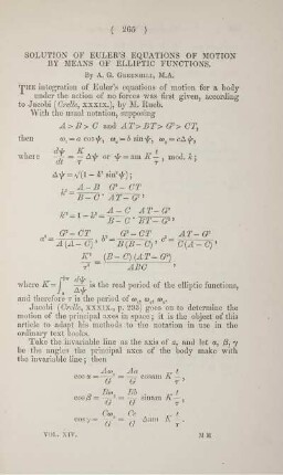 Solution of Euler's equations of motion by means of elliptic functions.