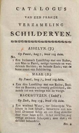 Catalogus van een verzameling fraaije schilderyen, door voornaame Nederlandsche en andere schilders, een uitmuntend kabinet prent-kunst ... alles by een verzameld, en nagelaten door wylen Jonkheer Menno Baron van Coehoorn ... : het welk verkocht zal worden op ... den 19den October, 1801, en volgende dagen, ten huize van Cornelis Sebille Roos, in het huis van Trip ... te Amsterdam : door de makelaars : Philippus van der Schley, Jan de Bosch ... Bernardur de Bosch ... Jan Yver, Cornelis Sebille Roos en Roeloff Mews Pruyssenaar