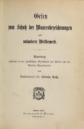 Gesetz zum Schutz der Waarenbezeichnungen und unlauterer Wettbewerb