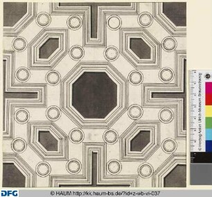 Vorlage für eine Täfelung, im Quadrat großes Achteck von acht kleinen Kreisen umringt, mit vier großen, gestreckten über Eck gestellten Sechsecken, die ebenfalls von kleinen Kreisen umringt sind und im Rapport gleichschenklige Kreuze bilden