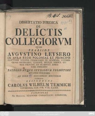 Dissertatio Ivridica De Delictis Collegiorvm