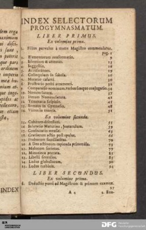 Index Selectorum Progymnasmatum.