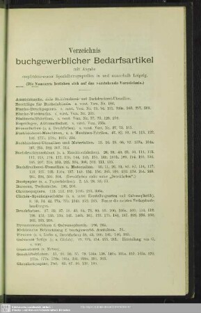 Verzeichnis buchgewerblicher Bedarfsartikel mit Angabe empfehlenswerter Spezialbezugsquellen in und ausserhalb Leipzig