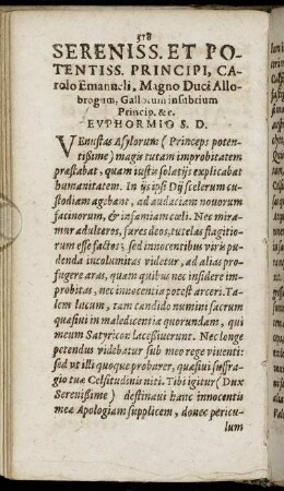Sereniss. Et Potentiss. Principi, Carolo Emanueli, Magno Duci Allobrogum, Gallorum insubrium [...]