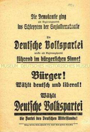 Wahl-Flugblatt der Deutschen Volkspartei zur Reichstagswahl 1924