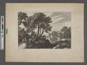 [Waldlandschaft mit Fluss und drei Frauen]
