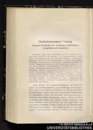 Fünfundzwanzigster Vortrag. Stammes-Geschichte der vierfüssigen Wirbelthiere (Amphibien und Amnioten).