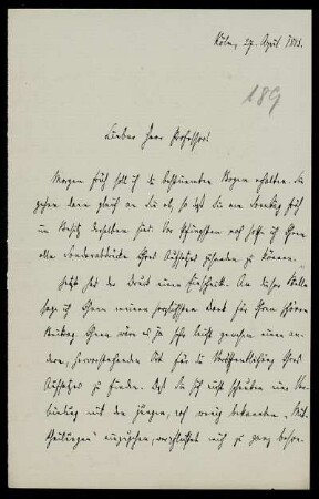 Nr. 9: Brief von Konstantin Höhlbaum an Ferdinand Frensdorff, Köln, 27.4.1883