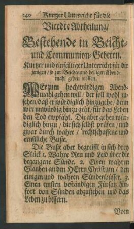Vierdte Abtheilung/ Bestehende in Beicht- und Communion-Gebeten.