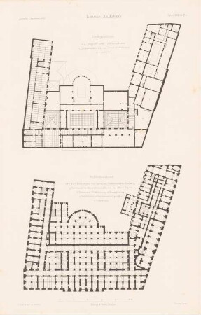 Deutsche Reichsbank, Berlin: Grundriss Keller, Dach (aus: Atlas zur Zeitschrift für Bauwesen, hrsg. v. G. Erbkam, Jg. 30, 1880)