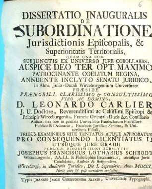 Dissertatio Inauguralis De Subordinatione Jurisdictionis Episcopalis, & Superioritatis Territorialis : Una Cum Subjunctis Ex Universo Jure Corollariis