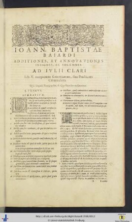 Additiones, et annotationes ... ad Iulii Clari Lib. V. receptarum sententiarum.