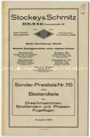 Preisliste Nr. 115 über Bestandteile für Dreschmaschinen, Strohbindern, Strohpressen und Kugellager
