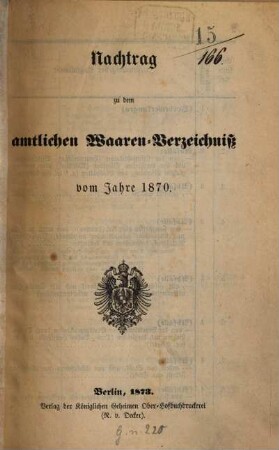 Schaumburg-Lippische Landesverordnungen. Vereins-Zolltarif. Amtliches Waaren-Verzeichniß, 1870, Nachtr. (1873)