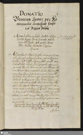Donatio Bonorum Zywiec per Komorowskie Serenissimae Constantiae Reginae Polon[ia]e