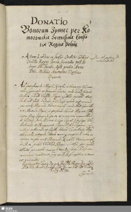 Donatio Bonorum Zywiec per Komorowskie Serenissimae Constantiae Reginae Polon[ia]e