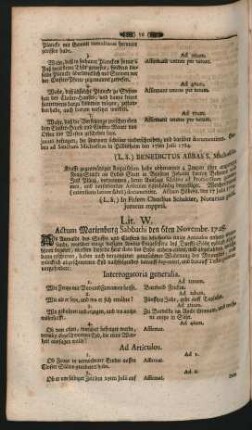 Lit. W. Actum Marienburg Sabbathi den 6. Novembr. 1728
