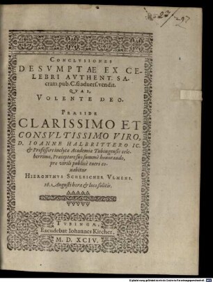 Conclusiones desumptae ex celebri Authent. sacram pub. C. Si advers. vendit