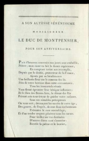 A Son Altesse Séreénissime Monseigneur Le Duc De Montpensier, Pour son Anniversaire.