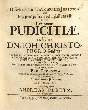 Disputatio Inauguralis Iuridica De Eo, quod iustum vel iniustum est Circa Laesionem Pudicitiae
