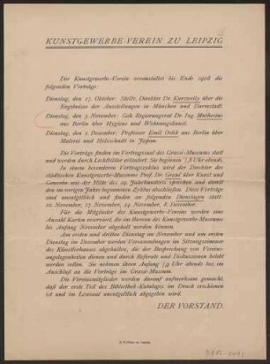 Schreiben an Hermann Muthesius, Vortragsprogramm bis Ende 1908 (Brief)