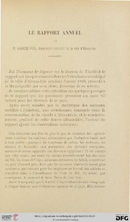 Le rapport annuel de M. Francis Piot, Vétérinaire municipal de la ville d'Alexandrie