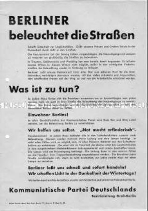 Aufruf der Bezirksleitung Groß-Berlin der KPD an die Berliner, für die Beleuchtung der Hauseingänge Sorge zu tragen
