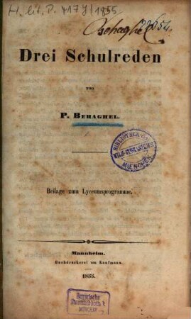 Programm des Grossherzoglichen Lyceums zu Mannheim. 1855, Beil.