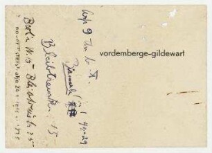 Visitenkarte von Friedrich Vordemberge-Gildewart mit handschriftlicher Notiz