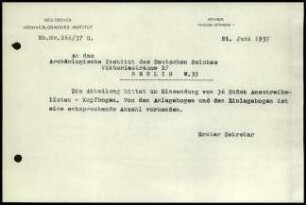 Schreiben (Abschrift); DAI Athen an AIDR (Anschreibelisten-Kopfbogen)