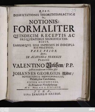 Dissertationis Theoretico-Practicae De Notionis: Formaliter Quindecim Receptis Ac Frequentibus Significationibus, Earumque Usu Inprimis In Disciplinis Practicis, Pars Prior