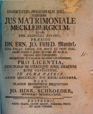 Dissertatio Inauguralis Juridica, Exhibens Jus Matrimoniale Meckleburgicum
