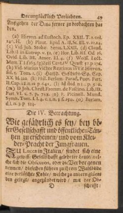 Die IV. Betrachtung. Wie gefährlich es sey / bey böser Gesellschaft und öffentlichen Täntzen zu erscheinen / und vom Kleider-Pracht der Jungfrauen.