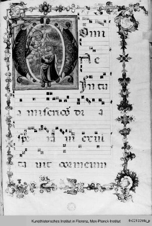 Graduale : Textseite mit Bordürenrahmen, vierzeiligen Neumen und historisierter Initiale (D): Christus erscheint, begleitet von Cherubim, einem knienden Betenden