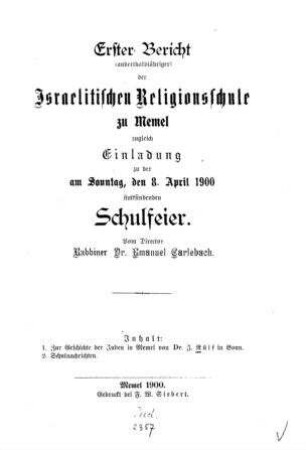 Zur Geschichte der Juden in Memel / von J. Rülf