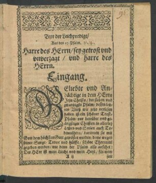 Text der Leichpredigt/ Aus den 27. Psalm.