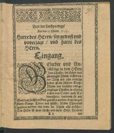 Text der Leichpredigt/ Aus den 27. Psalm.