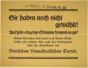 Handzettel mit Wahlaufruf der Deutschen Demokratischen Partei, vermutlich in Sachsen zur Reichstagswahl Januar 1919