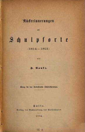 Rückerinnerungen an Schulpforte : (1814 - 1821)