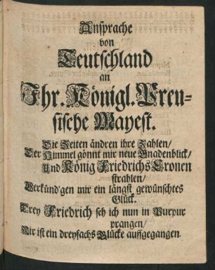Ansprache von Deutschland an Ihr. Königl. Preusische Mayest.