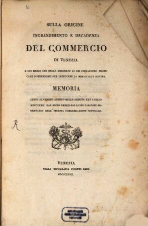 Sulla Origine ingrandimento e decadenza del Commercio di Venezia