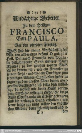 Andächtige Gebetter Zu dem Heiligen Francisco Von Paula, Vor den vierdten Freytag