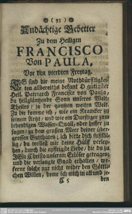 Andächtige Gebetter Zu dem Heiligen Francisco Von Paula, Vor den vierdten Freytag